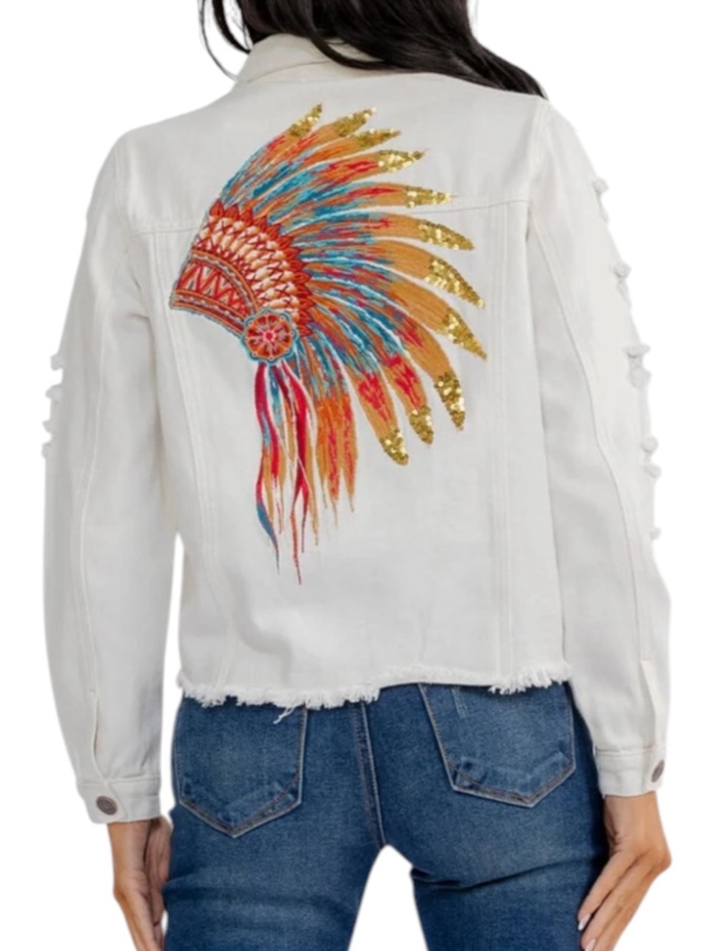 Savanna Jane Embroidered & Embellished Distressed White Denim  Jacket